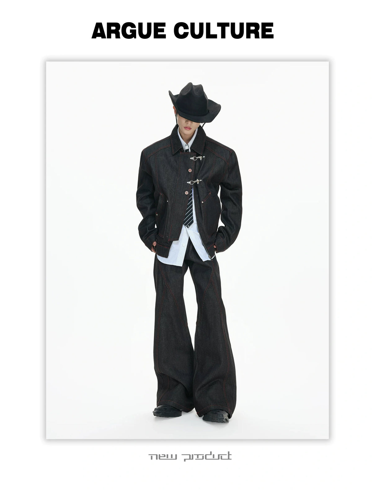 Black Raw Denim Jacket with Aircraft Buckle Details - description image 13