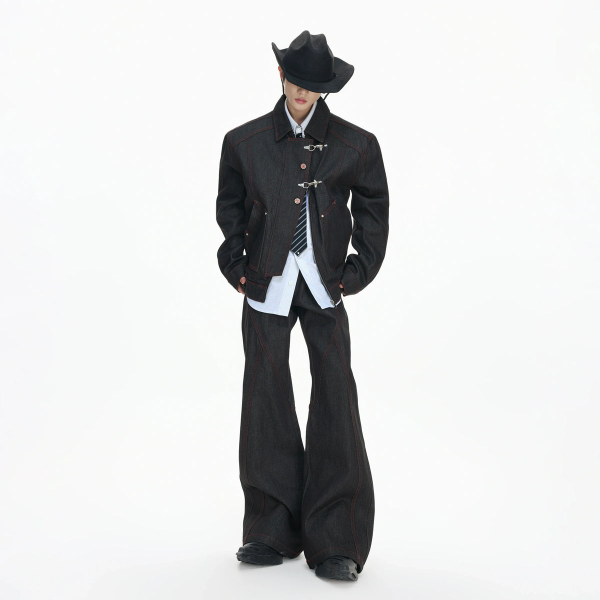 Black Raw Denim Jacket with Aircraft Buckle Details - main image 1