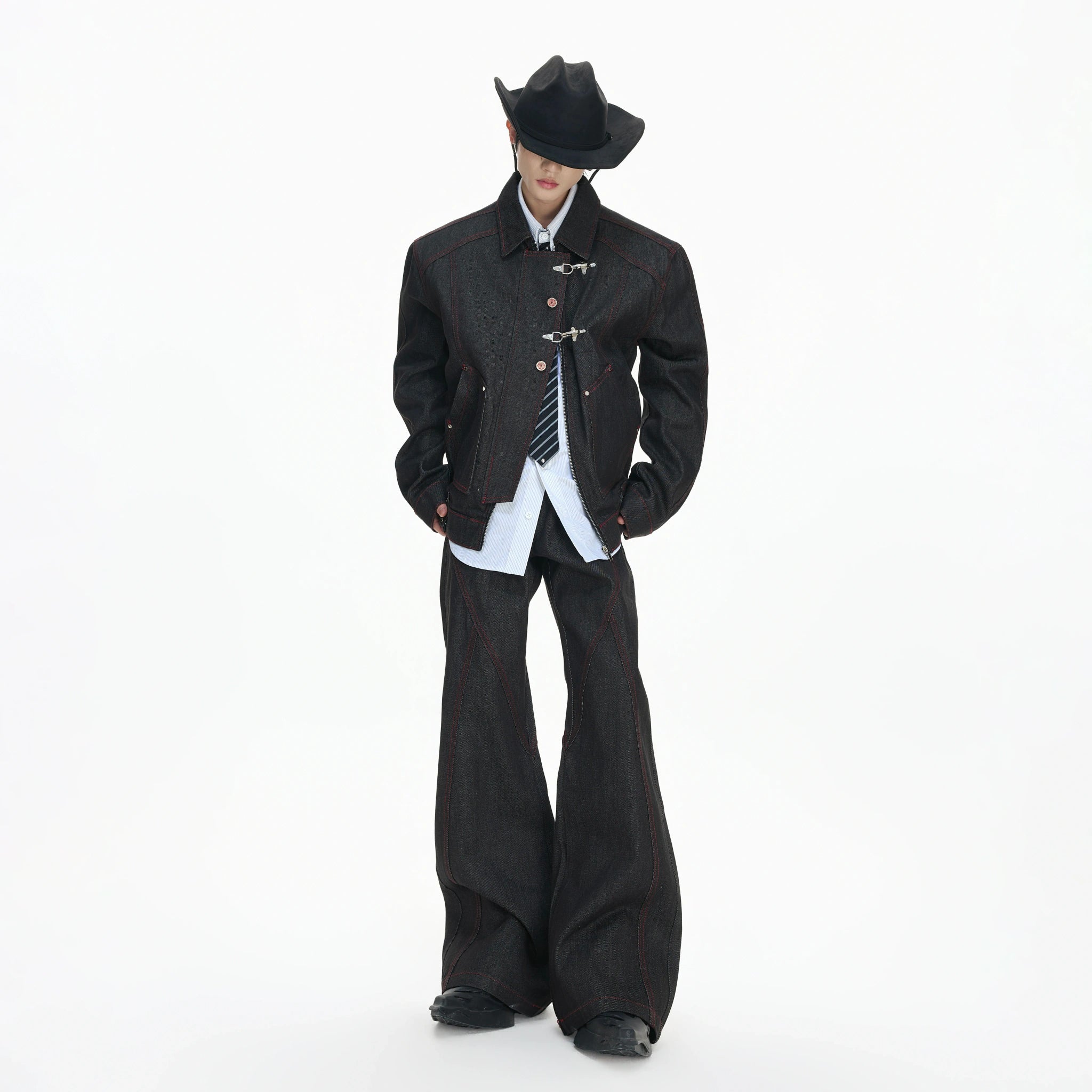 Black Raw Denim Jacket with Aircraft Buckle Details - main image 1