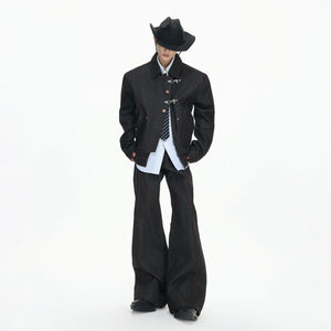 Black Raw Denim Jacket with Aircraft Buckle Details - main image 1