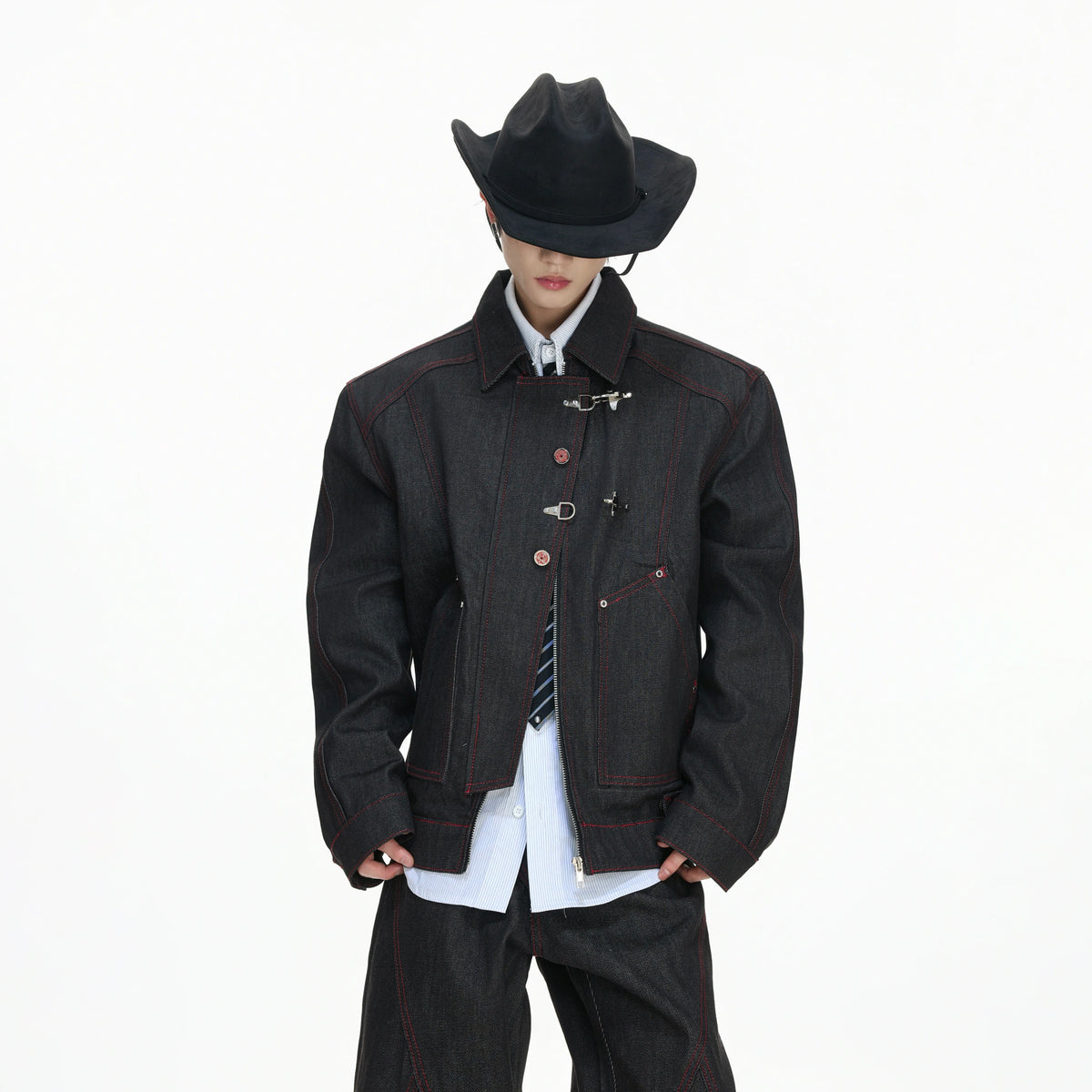 Black Raw Denim Jacket with Aircraft Buckle Details - main image 2