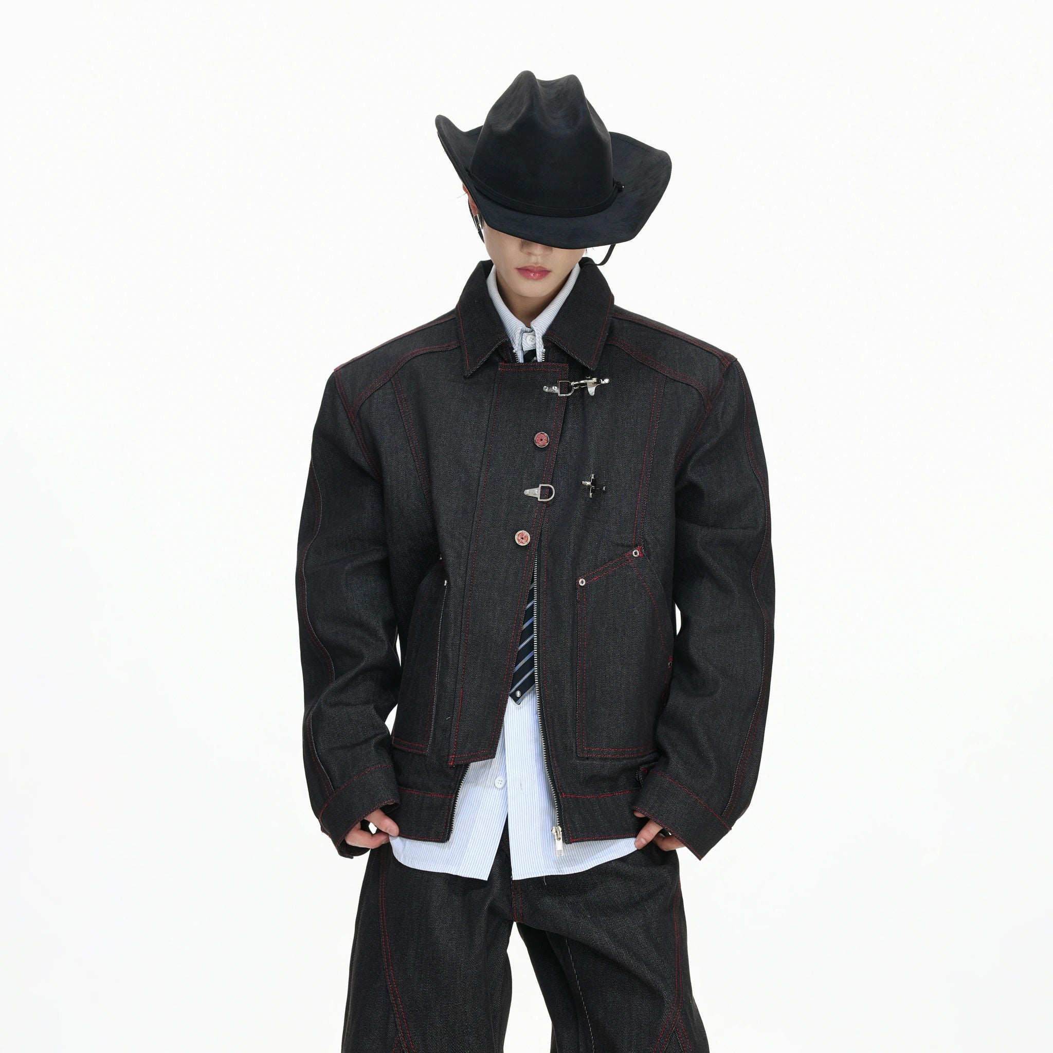Black Raw Denim Jacket with Aircraft Buckle Details - main image 2