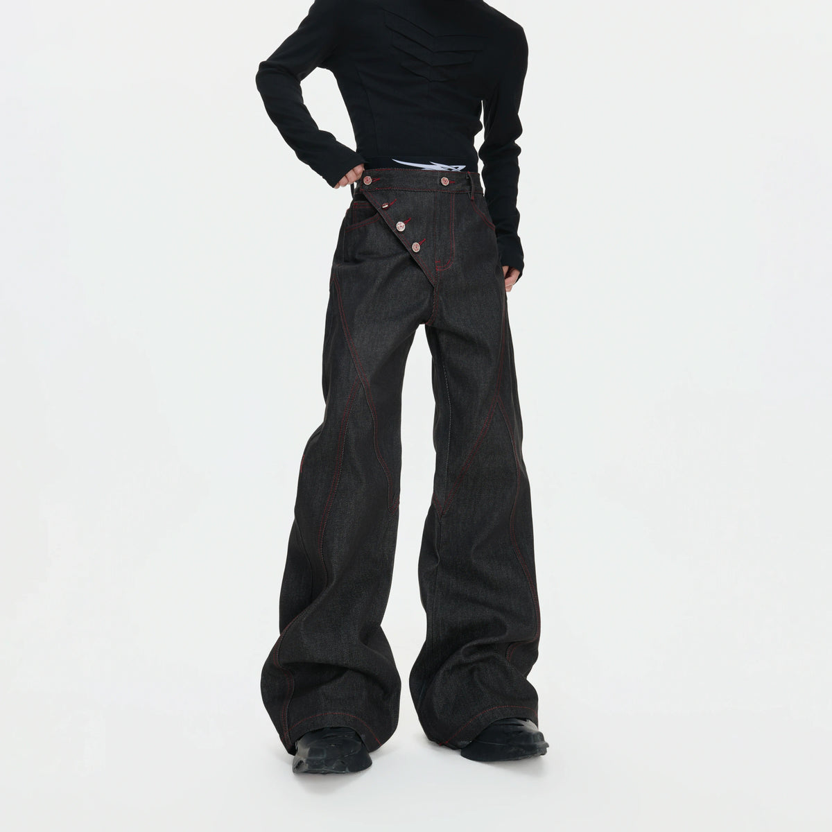 Black Raw Denim Jacket with Aircraft Buckle Details - main image 3