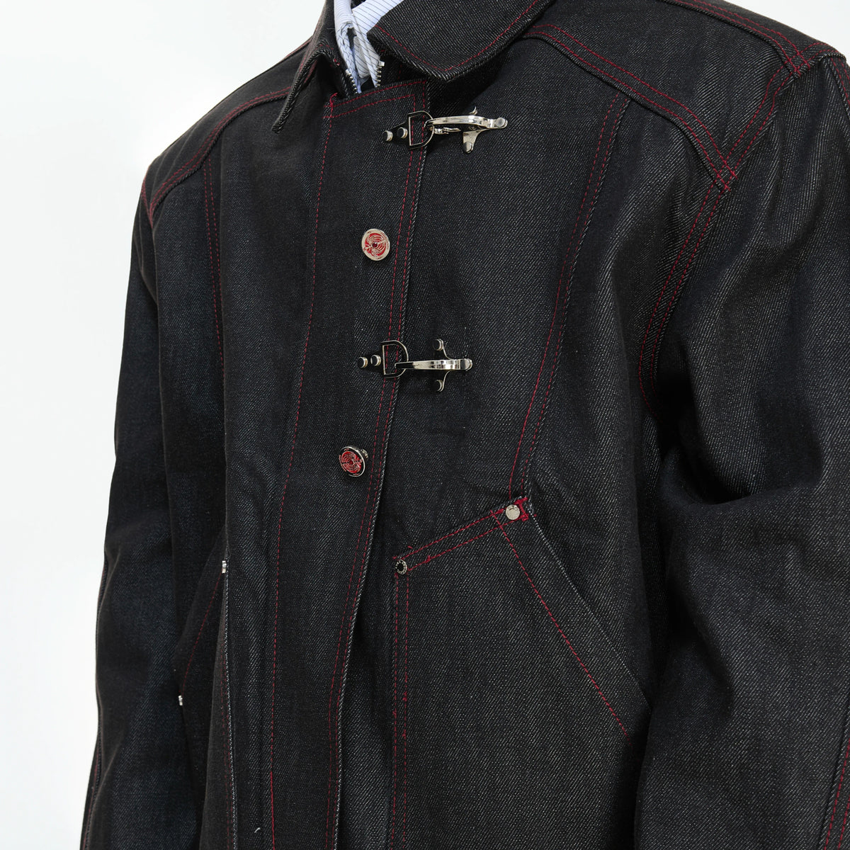 Black Raw Denim Jacket with Aircraft Buckle Details - main image 4