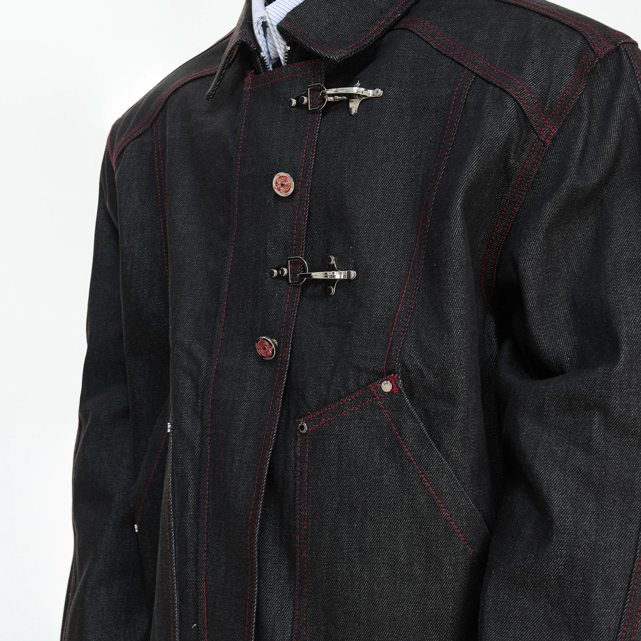 Black Raw Denim Jacket with Aircraft Buckle Details - main image 4