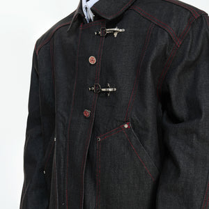 Black Raw Denim Jacket with Aircraft Buckle Details - main image 4