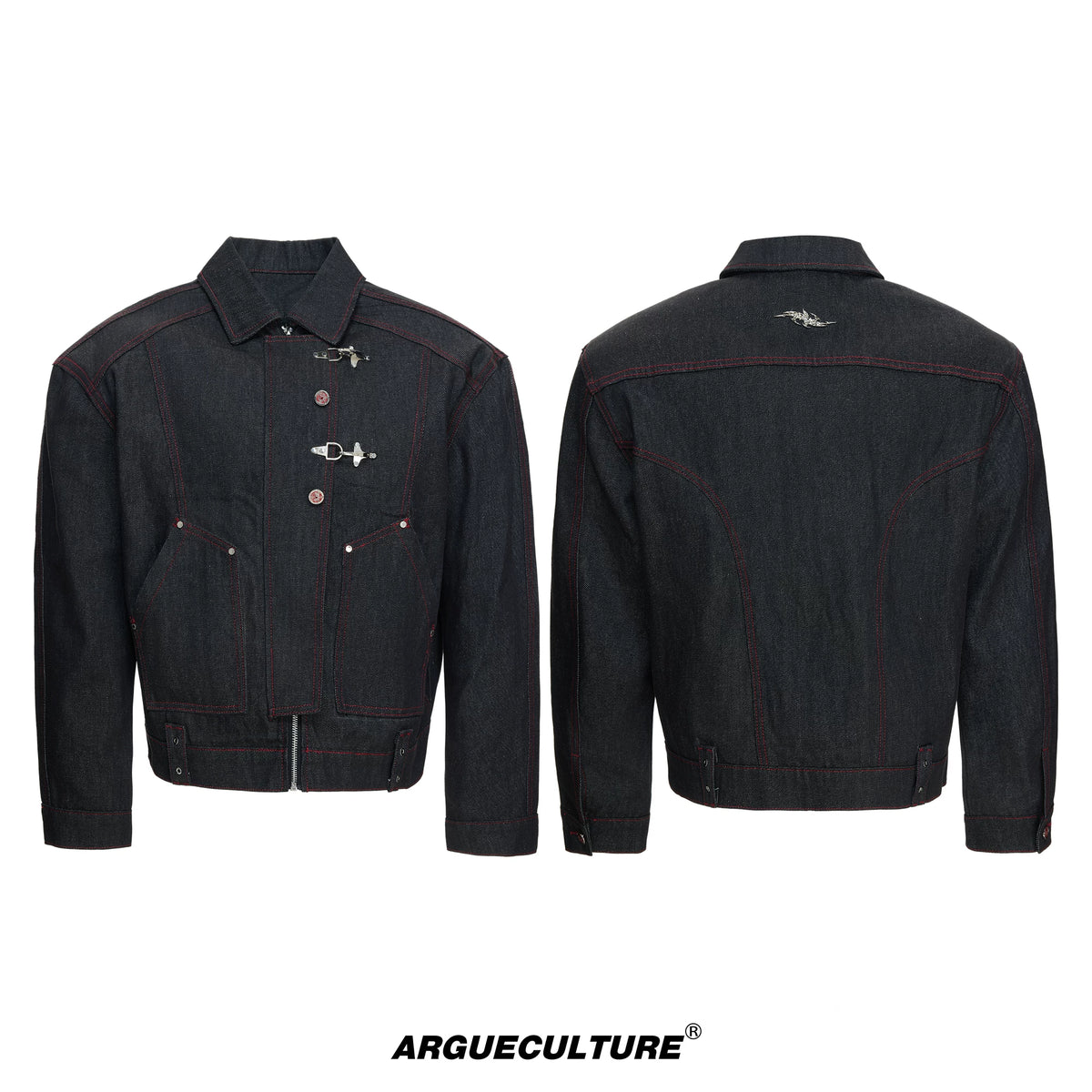 Black Raw Denim Jacket with Aircraft Buckle Details - Black