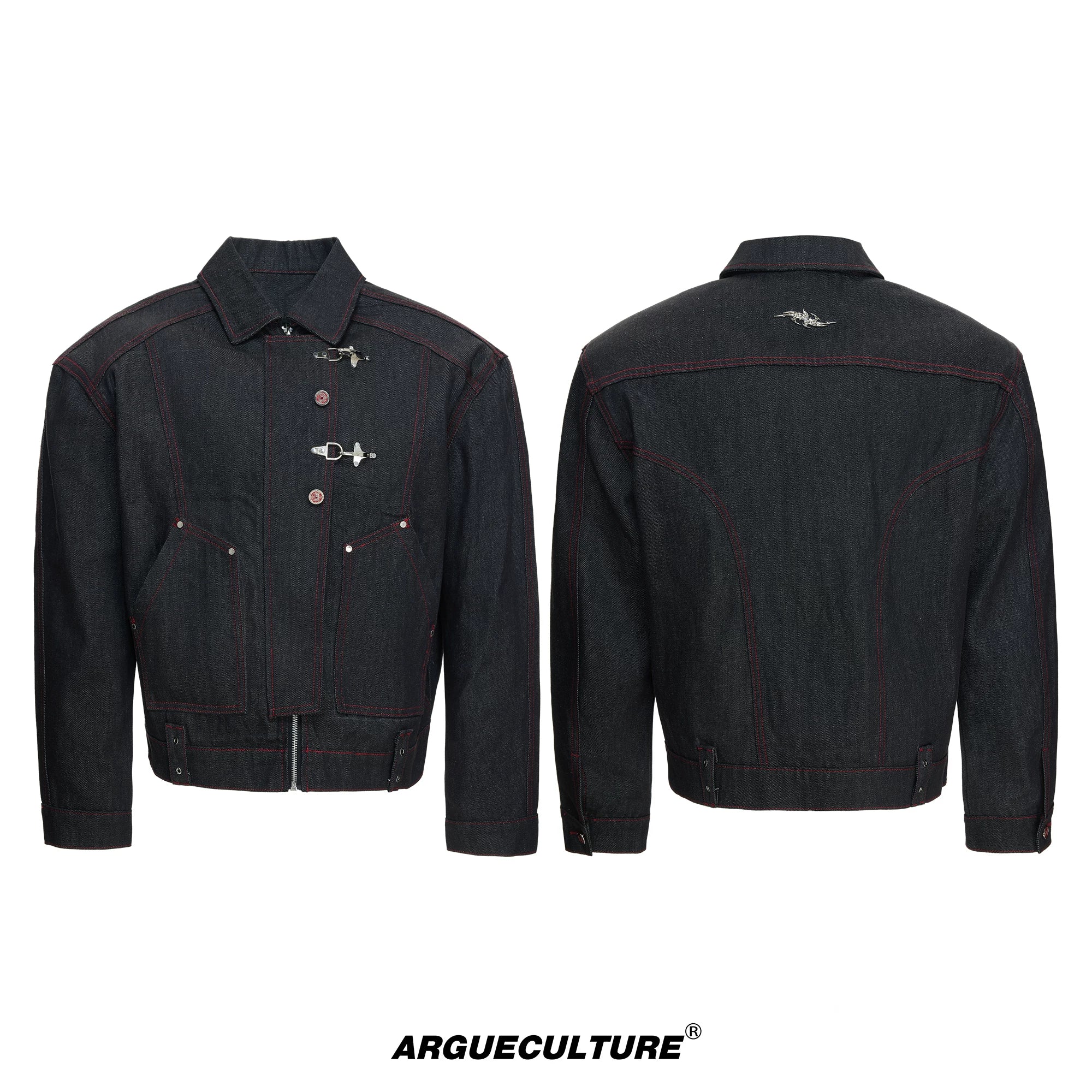 Black Raw Denim Jacket with Aircraft Buckle Details - Black
