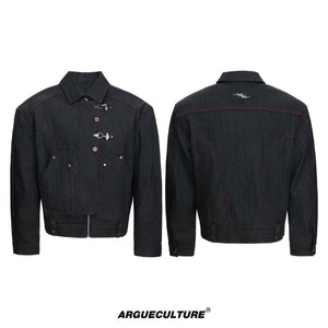 Black Raw Denim Jacket with Aircraft Buckle Details - Black