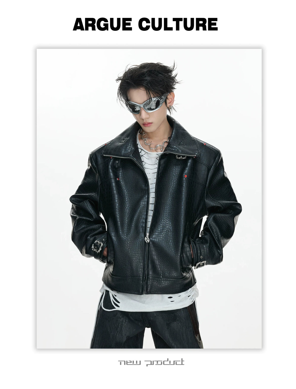 Crocodile-Embossed Faux Leather Stand-Collar Jacket - description image 3