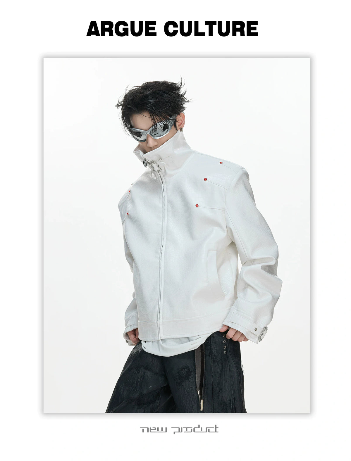 Crocodile-Embossed Faux Leather Stand-Collar Jacket - description image 4