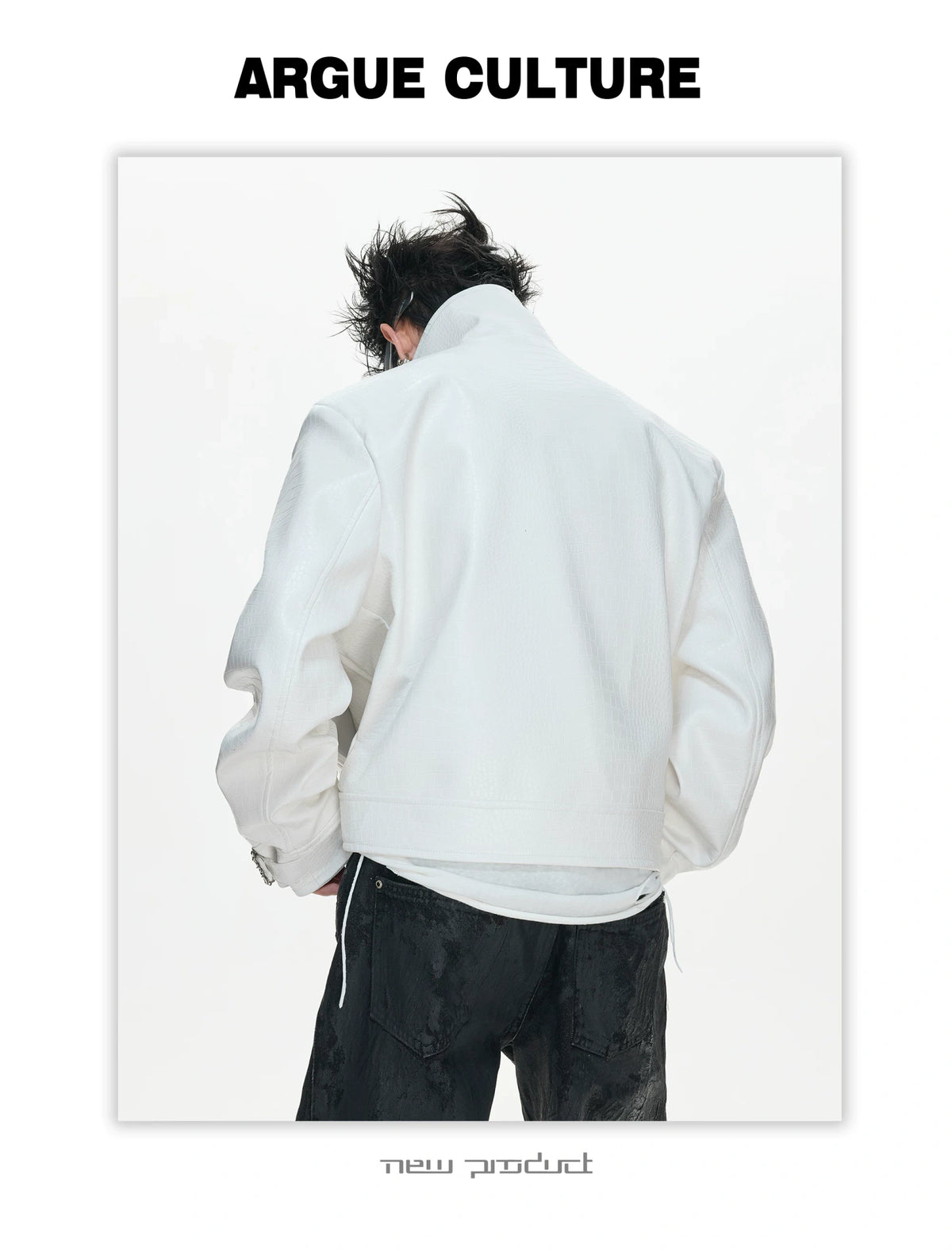 Crocodile-Embossed Faux Leather Stand-Collar Jacket - description image 5