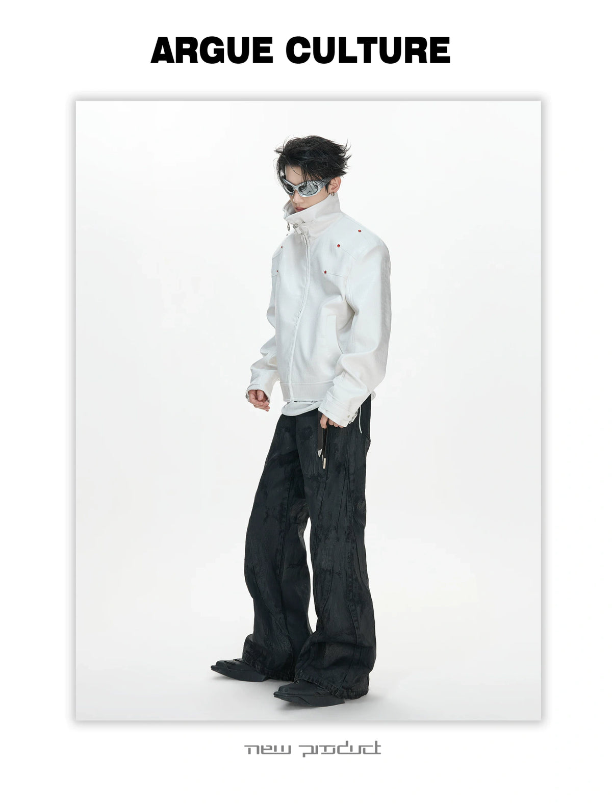 Crocodile-Embossed Faux Leather Stand-Collar Jacket - description image 6