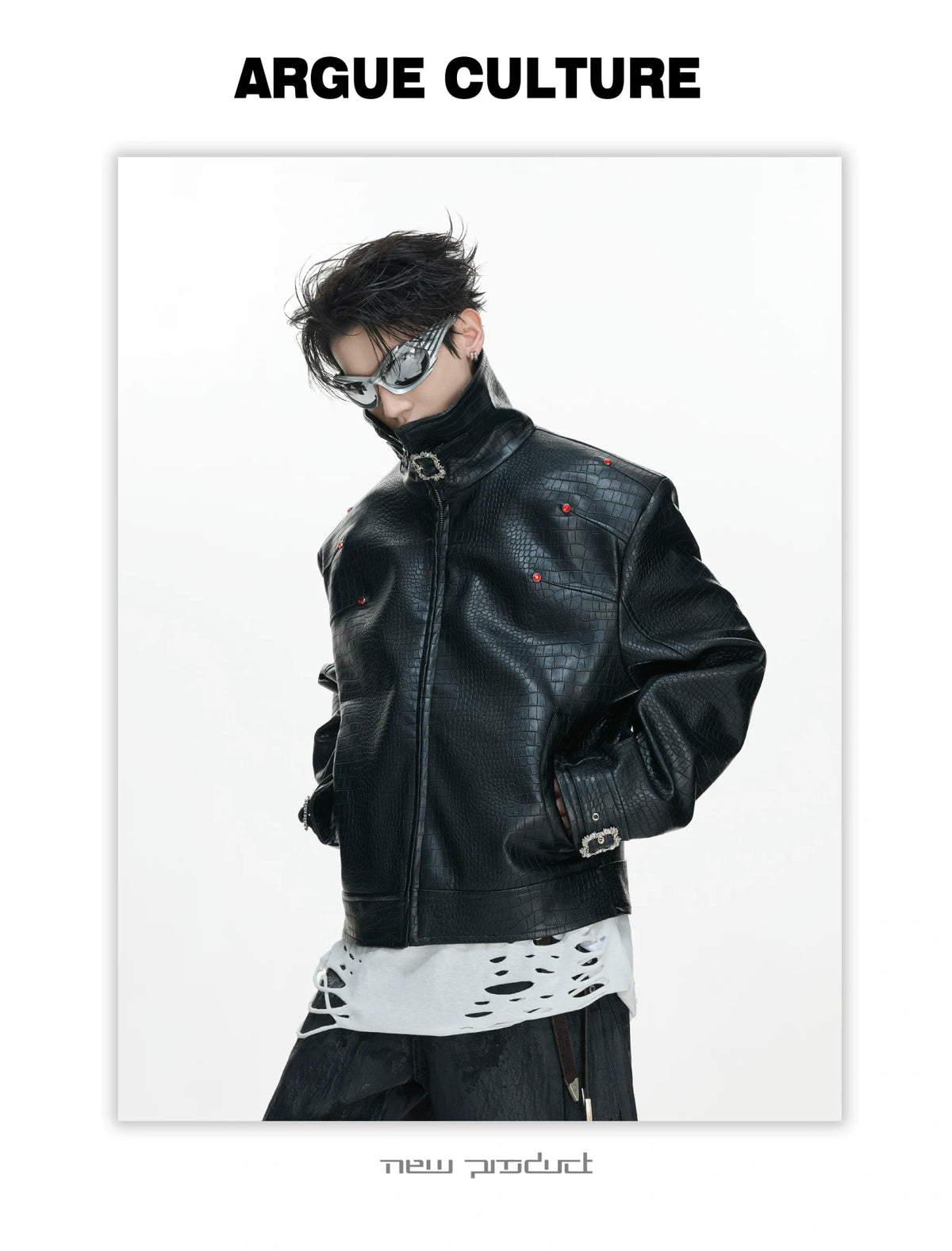 Crocodile-Embossed Faux Leather Stand-Collar Jacket - description image 8