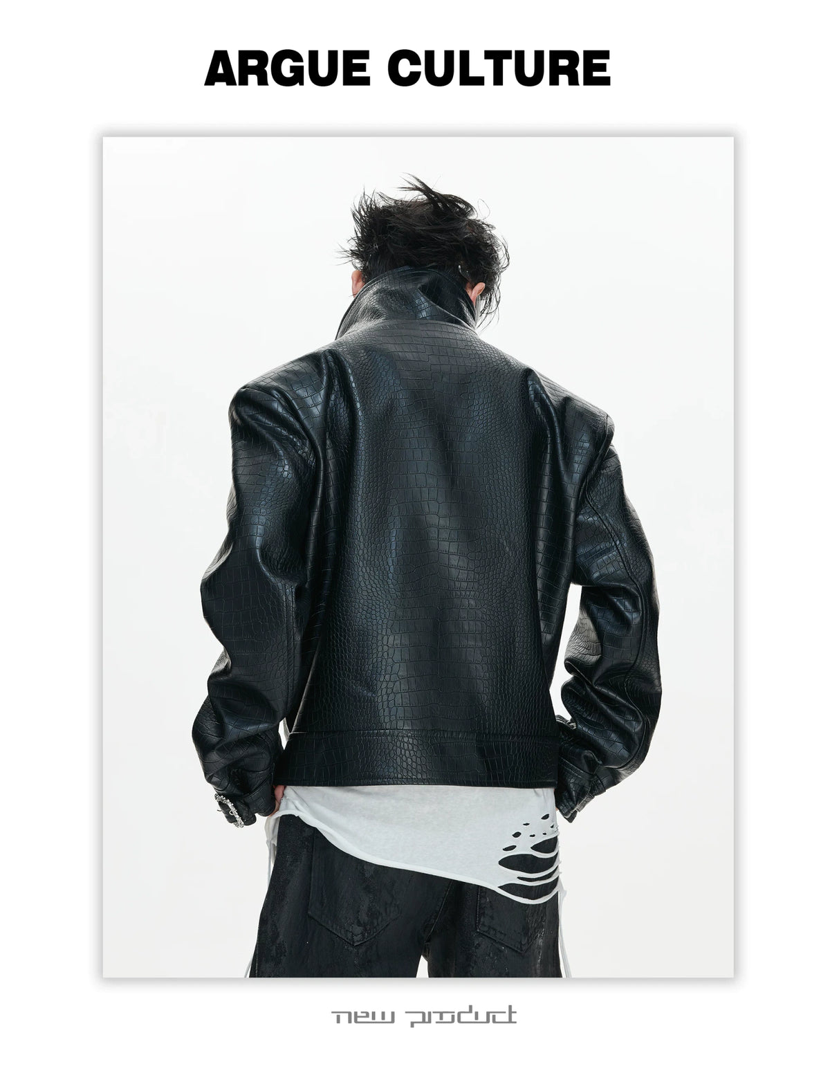 Crocodile-Embossed Faux Leather Stand-Collar Jacket - description image 9