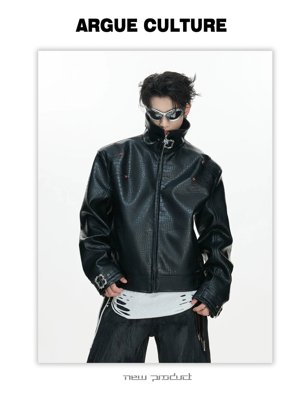 Crocodile-Embossed Faux Leather Stand-Collar Jacket - description image 10