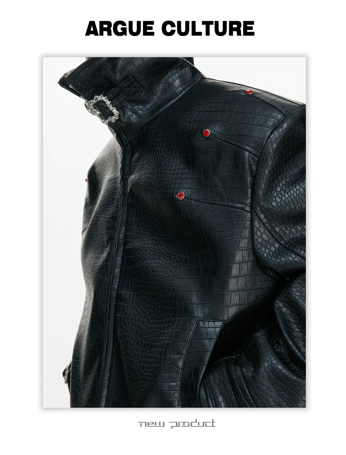 Crocodile-Embossed Faux Leather Stand-Collar Jacket - description image 11