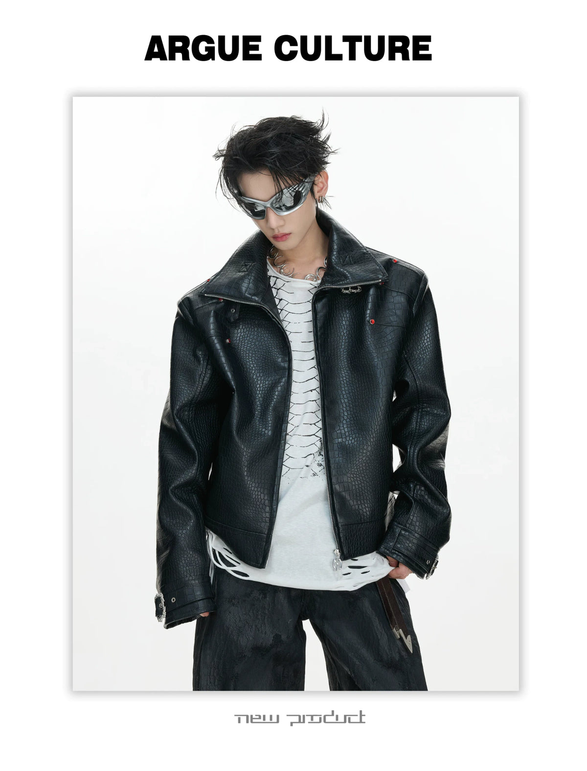 Crocodile-Embossed Faux Leather Stand-Collar Jacket - description image 12
