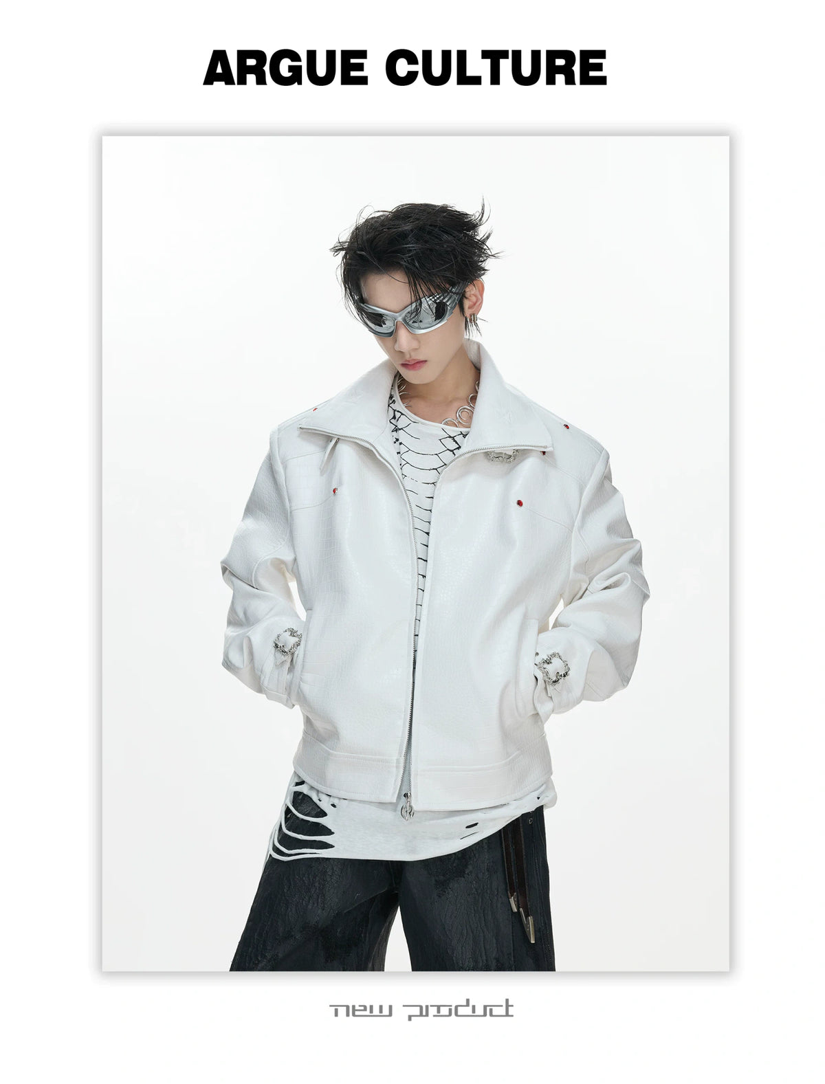 Crocodile-Embossed Faux Leather Stand-Collar Jacket - description image 13