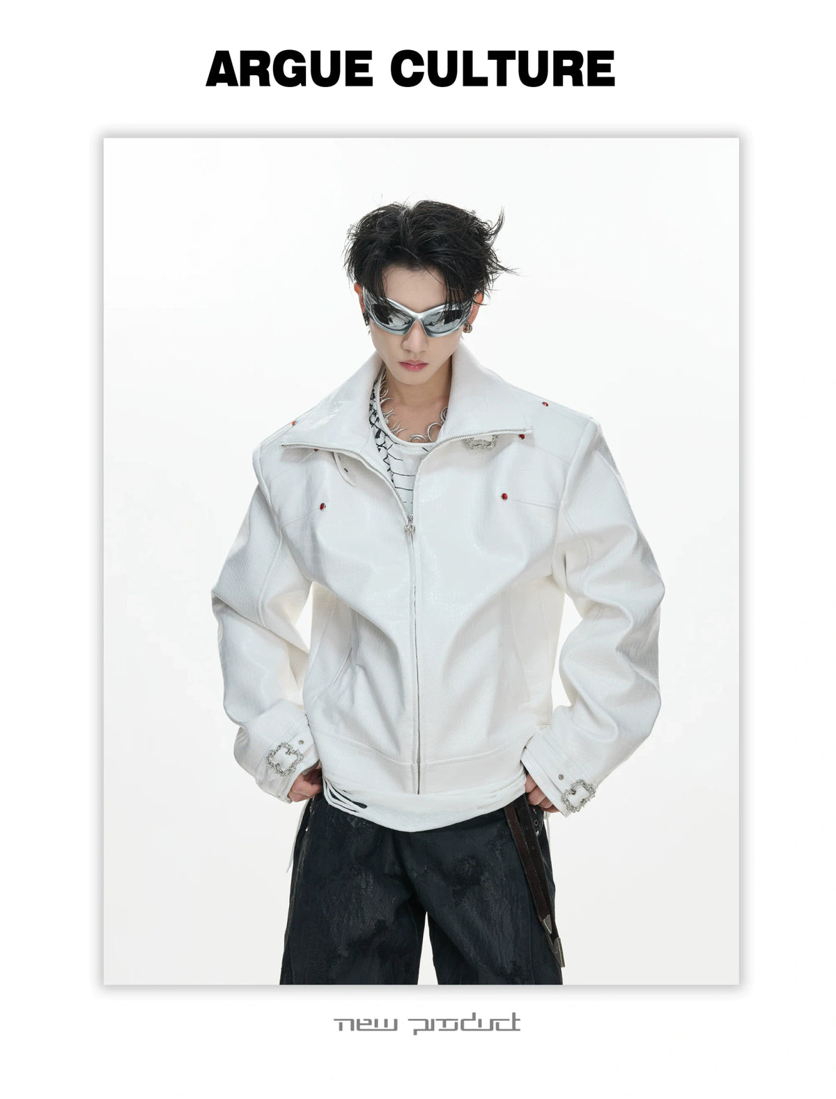 Crocodile-Embossed Faux Leather Stand-Collar Jacket - description image 14
