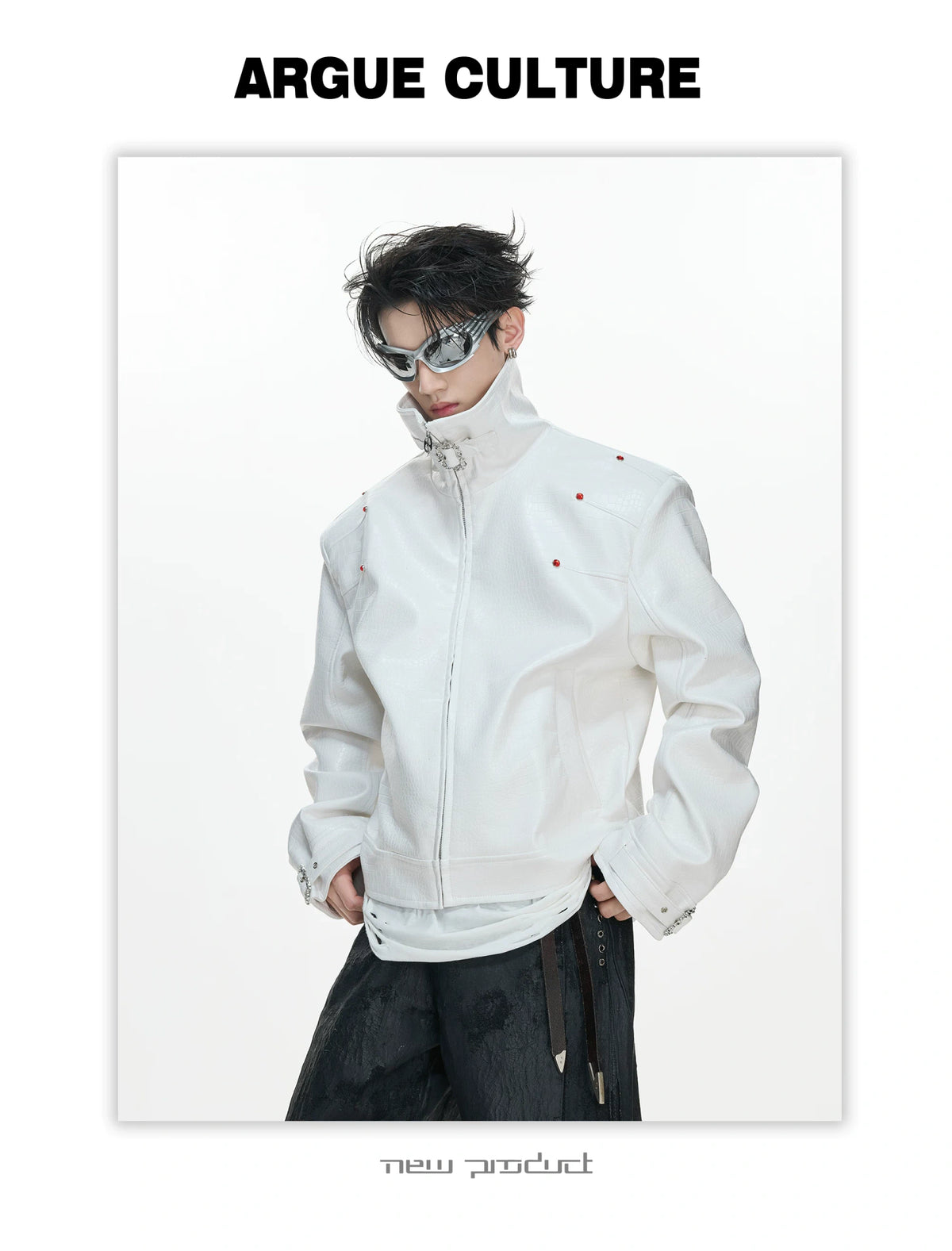 Crocodile-Embossed Faux Leather Stand-Collar Jacket - description image 15