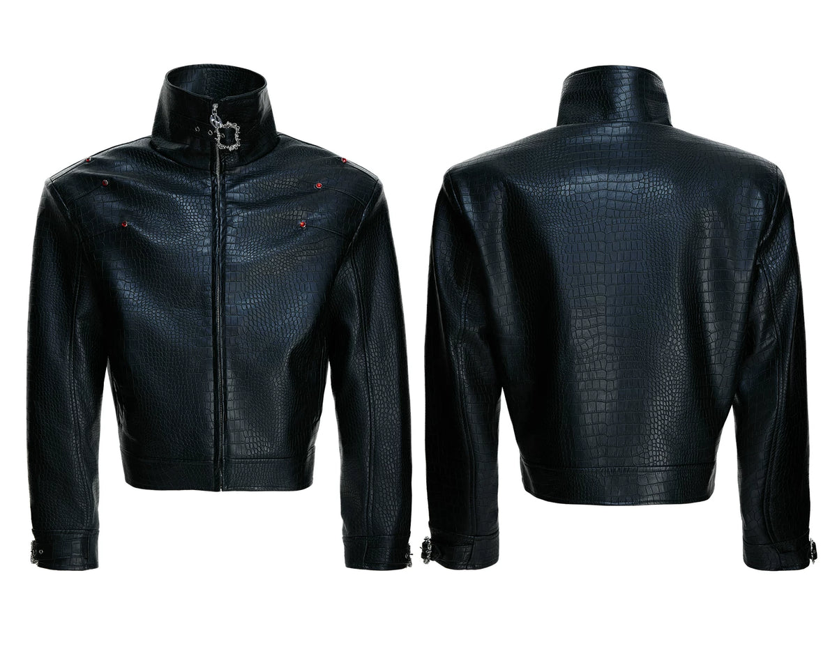 Crocodile-Embossed Faux Leather Stand-Collar Jacket - description image 16