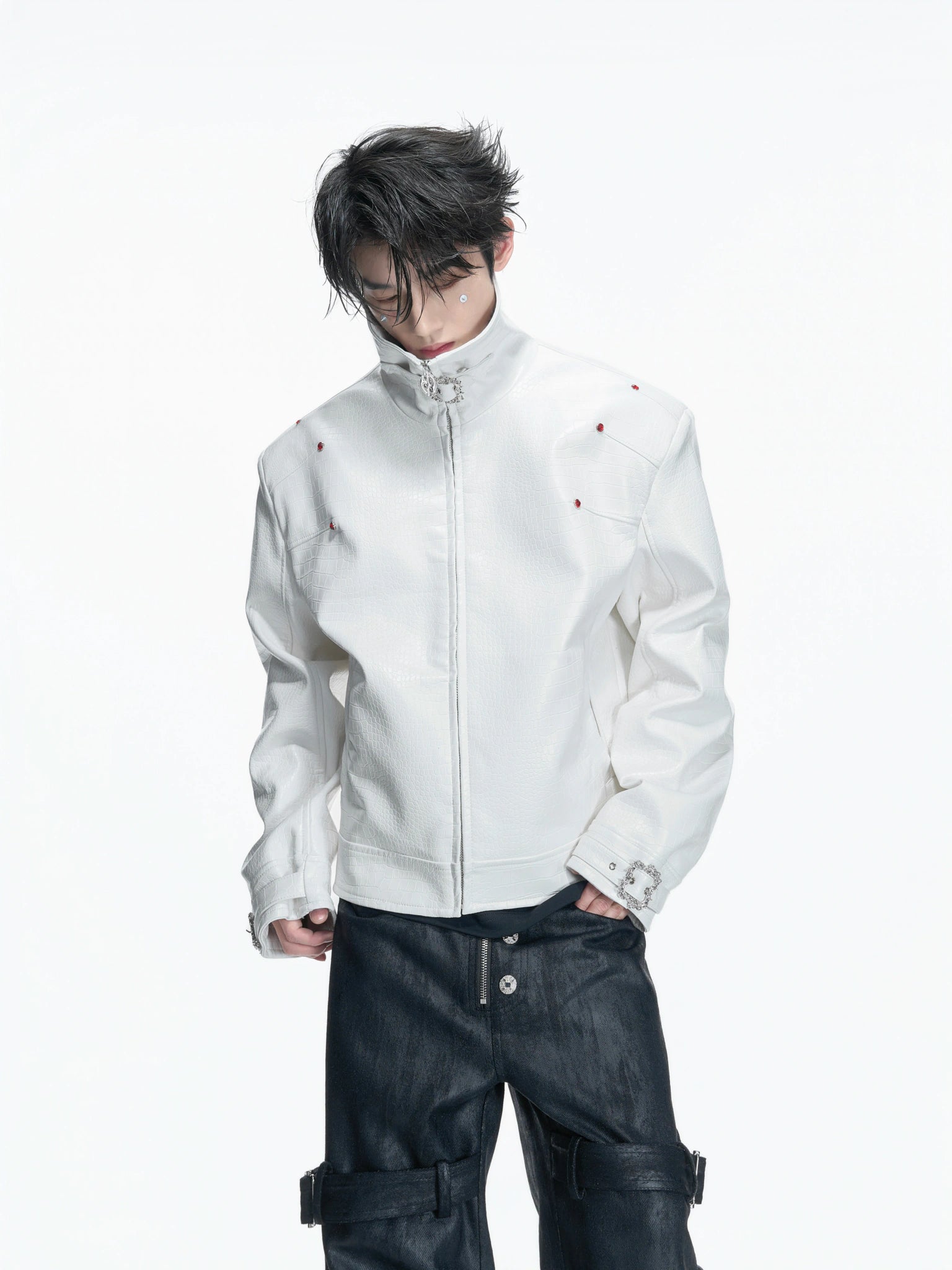 Crocodile-Embossed Faux Leather Stand-Collar Jacket - main image 2
