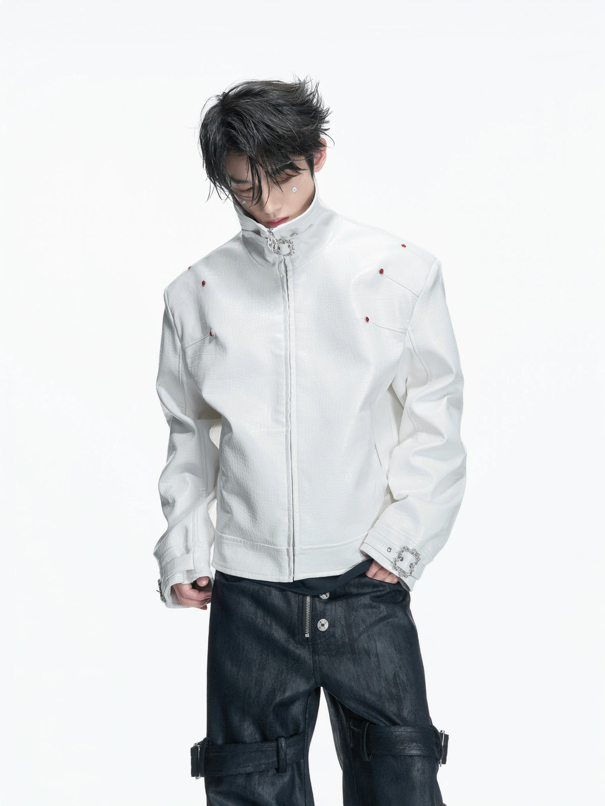Crocodile-Embossed Faux Leather Stand-Collar Jacket - main image 2