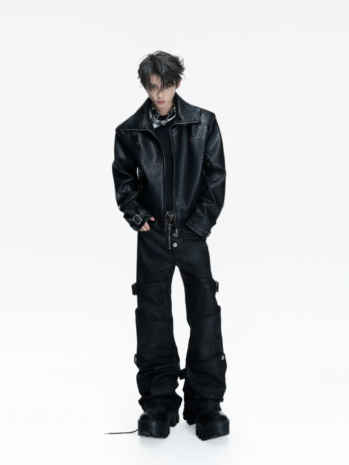 Crocodile-Embossed Faux Leather Stand-Collar Jacket - main image 3