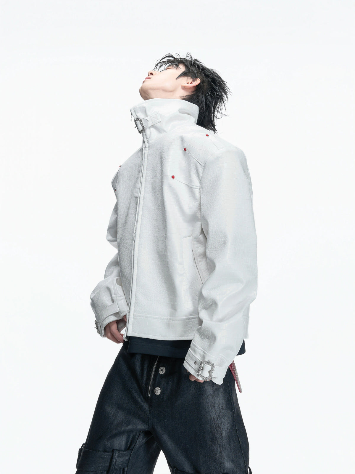 Crocodile-Embossed Faux Leather Stand-Collar Jacket - main image 4