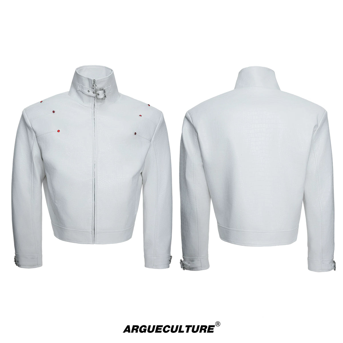 Crocodile-Embossed Faux Leather Stand-Collar Jacket - White
