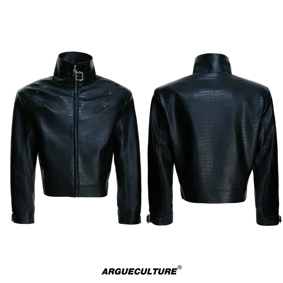 Crocodile-Embossed Faux Leather Stand-Collar Jacket - Black