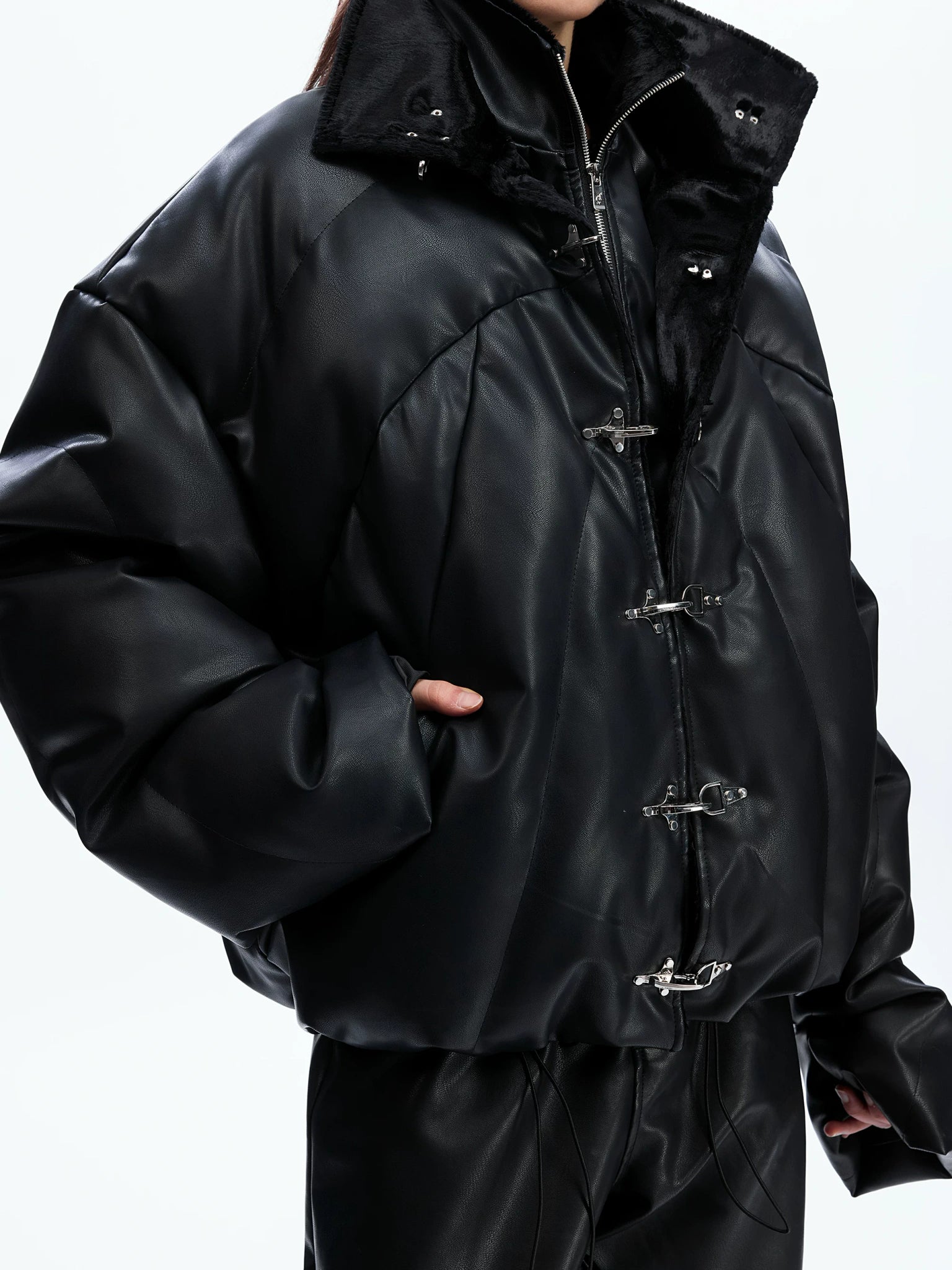 Deconstructed Faux Leather Padded Jacket with Buckles - main image 3