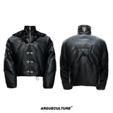 Deconstructed Faux Leather Padded Jacket with Buckles - Black Top