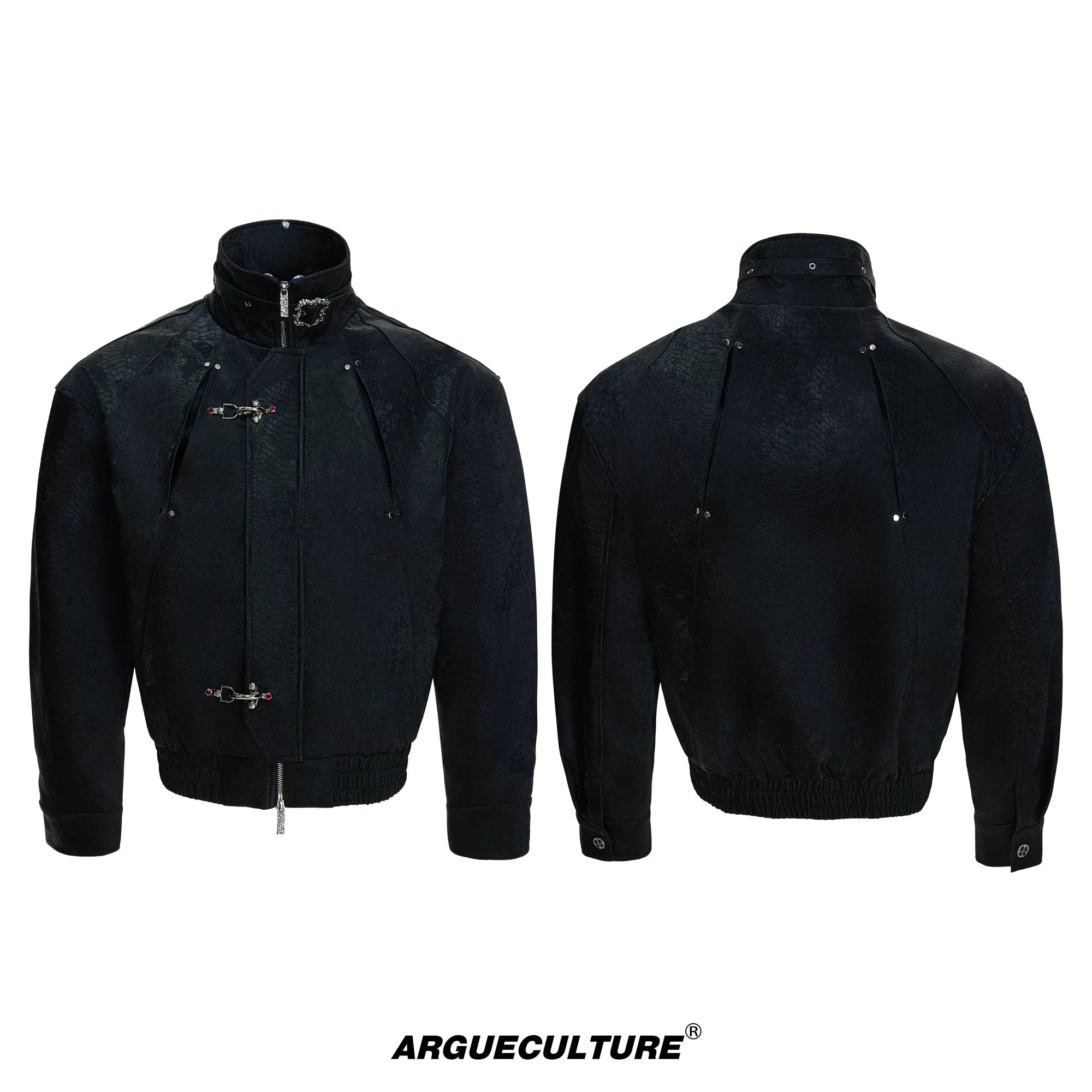 Cropped Python-Embossed Faux Leather Jacket | Avant-Garde - Black Top