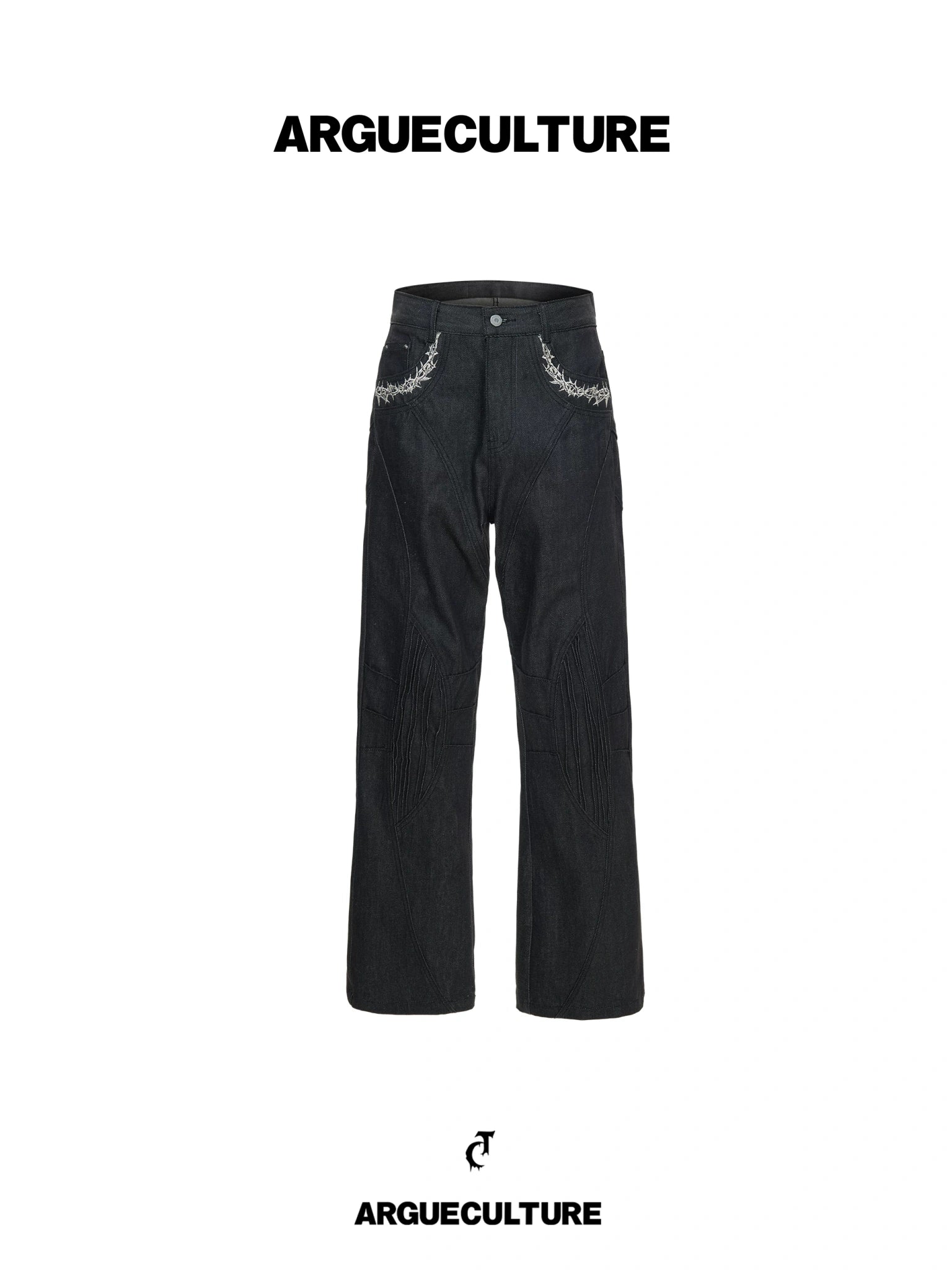 Pleated Embroidered Black Flare Jeans | Dark Streetwear - main image 1