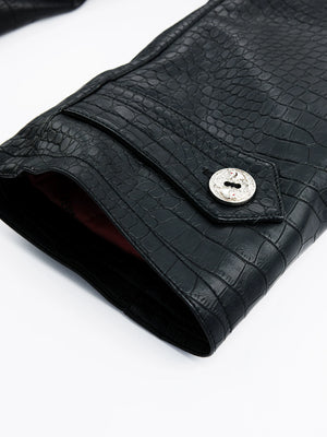Black Crocodile-Texture Faux Leather Coat - main image 4
