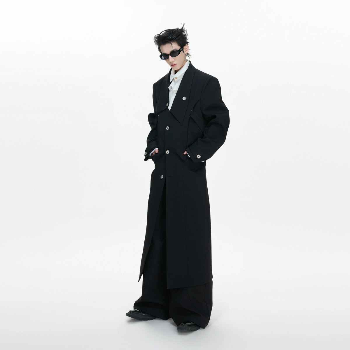 Black Deconstructed Split-Hem Overcoat | Cotton Blend - main image 2