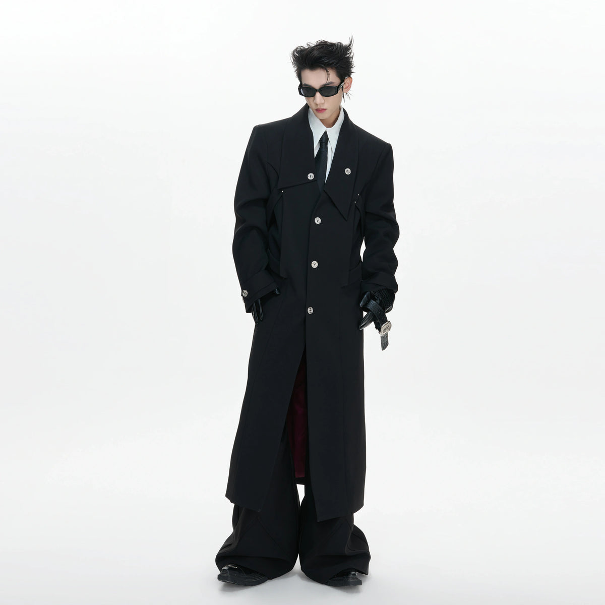 Black Deconstructed Split-Hem Overcoat | Cotton Blend - main image 4