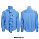 Court Ruffle Cotton-Spandex Button-Front Shirt - Blue Top