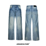 Deconstructed Straight-Leg Jeans in Washed Denim - Light Blue Pants