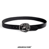 Crocodile-Embossed Horse-Head Leather Belt | 110cm - Black