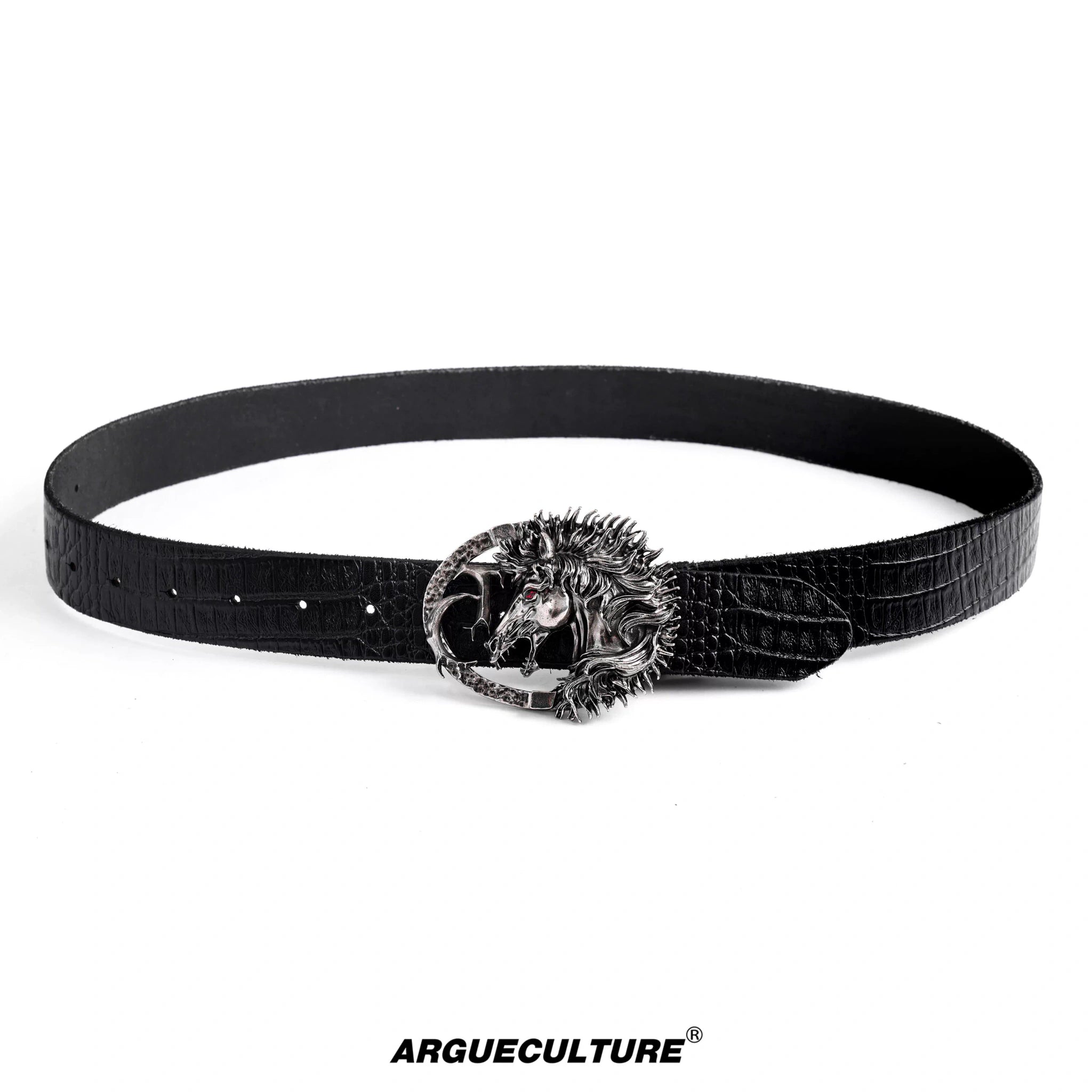 Crocodile-Embossed Horse-Head Leather Belt | 110cm - Black