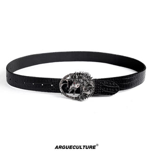 Crocodile-Embossed Horse-Head Leather Belt | 110cm - Black