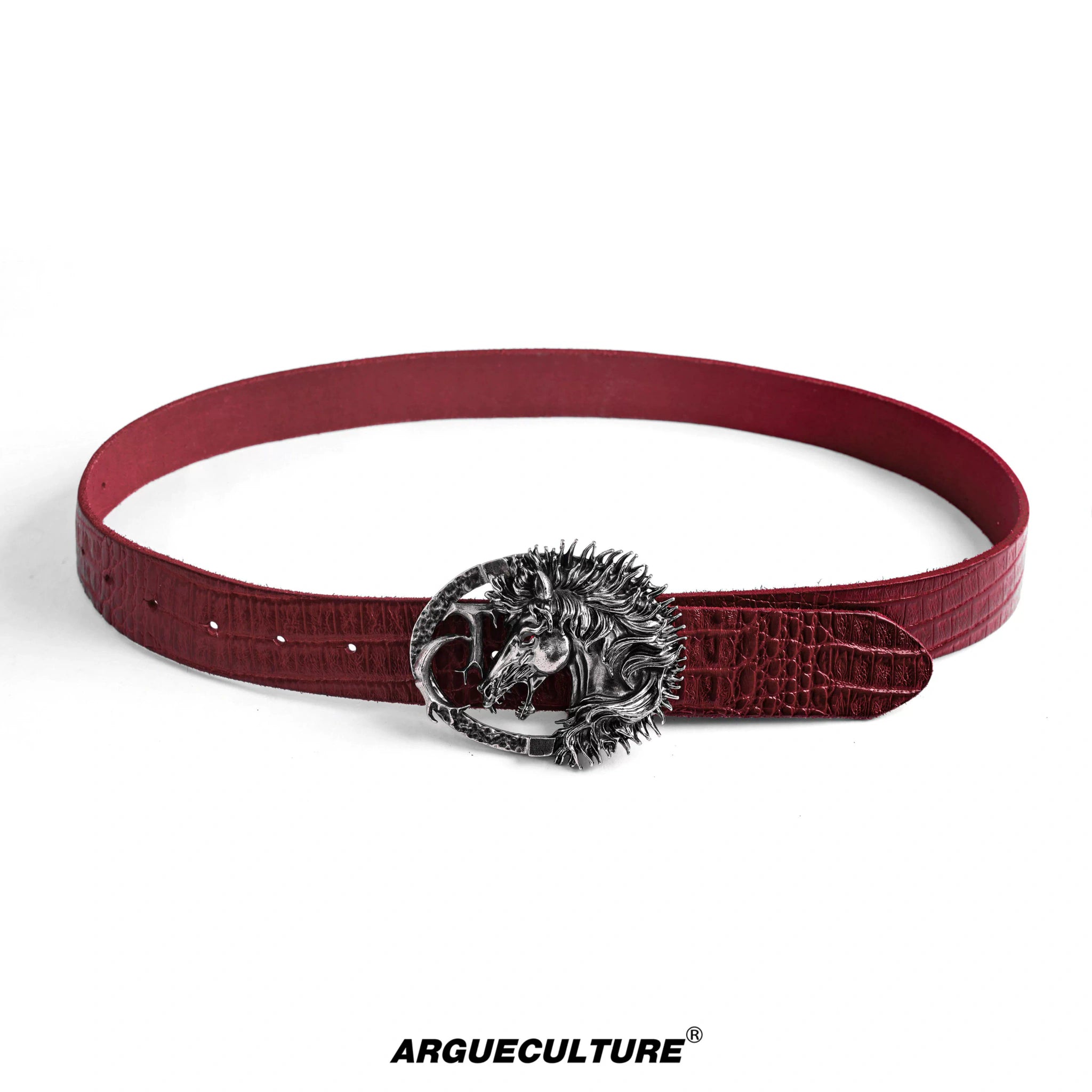 Crocodile-Embossed Horse-Head Leather Belt | 110cm - Red