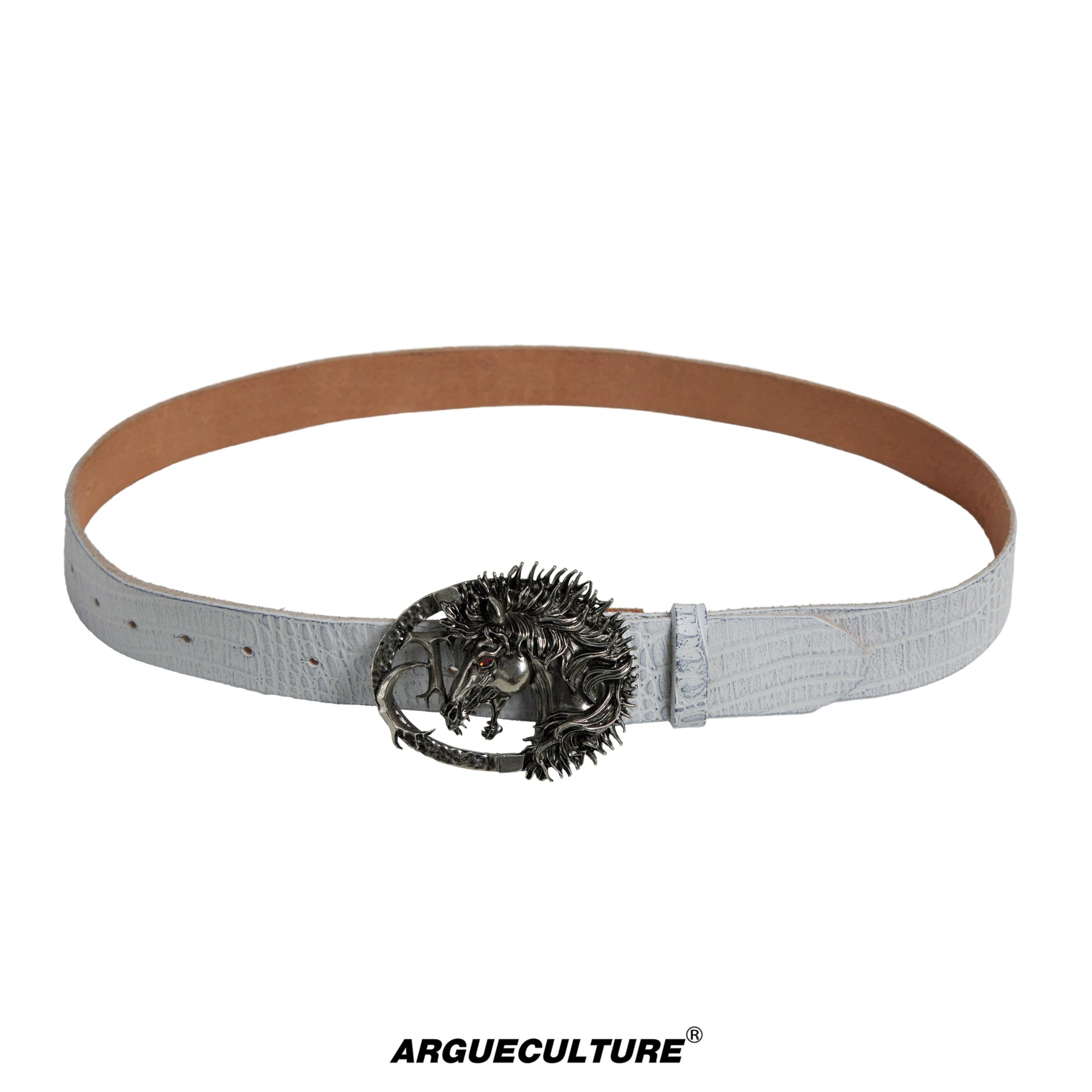 Crocodile-Embossed Horse-Head Leather Belt | 110cm - White