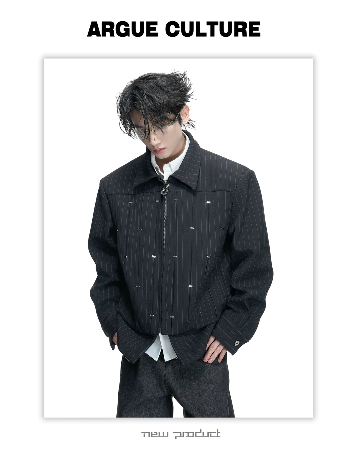 Pleated Faux Two-Piece Striped Jacket | Unisex Denim - description image 2
