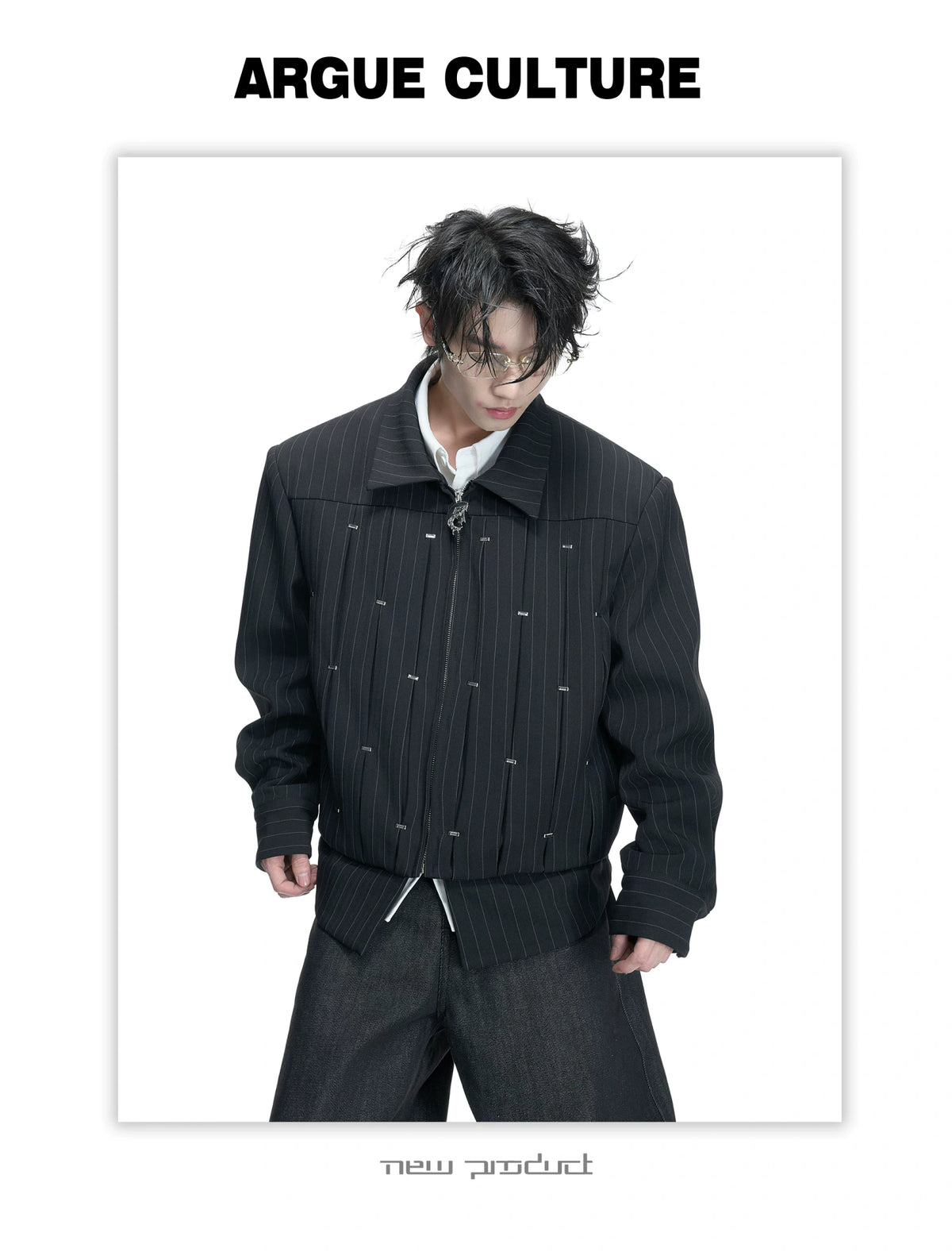 Pleated Faux Two-Piece Striped Jacket | Unisex Denim - description image 3