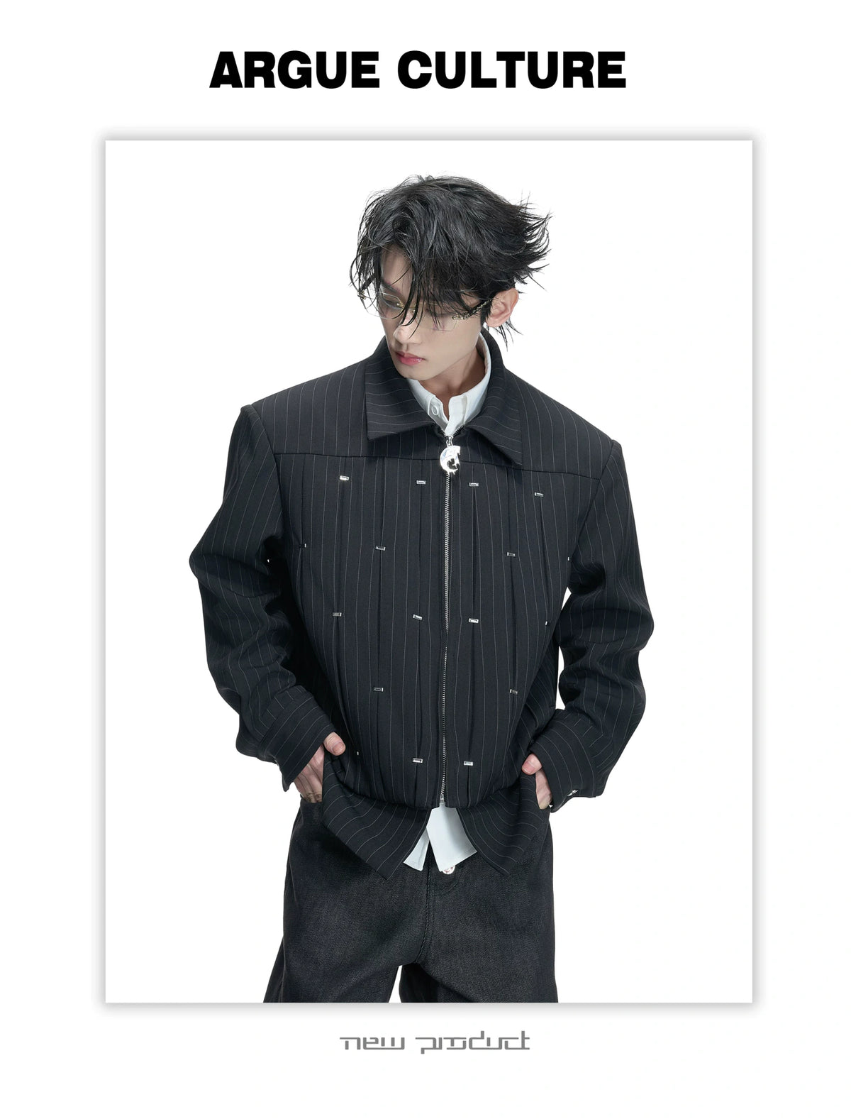 Pleated Faux Two-Piece Striped Jacket | Unisex Denim - description image 4