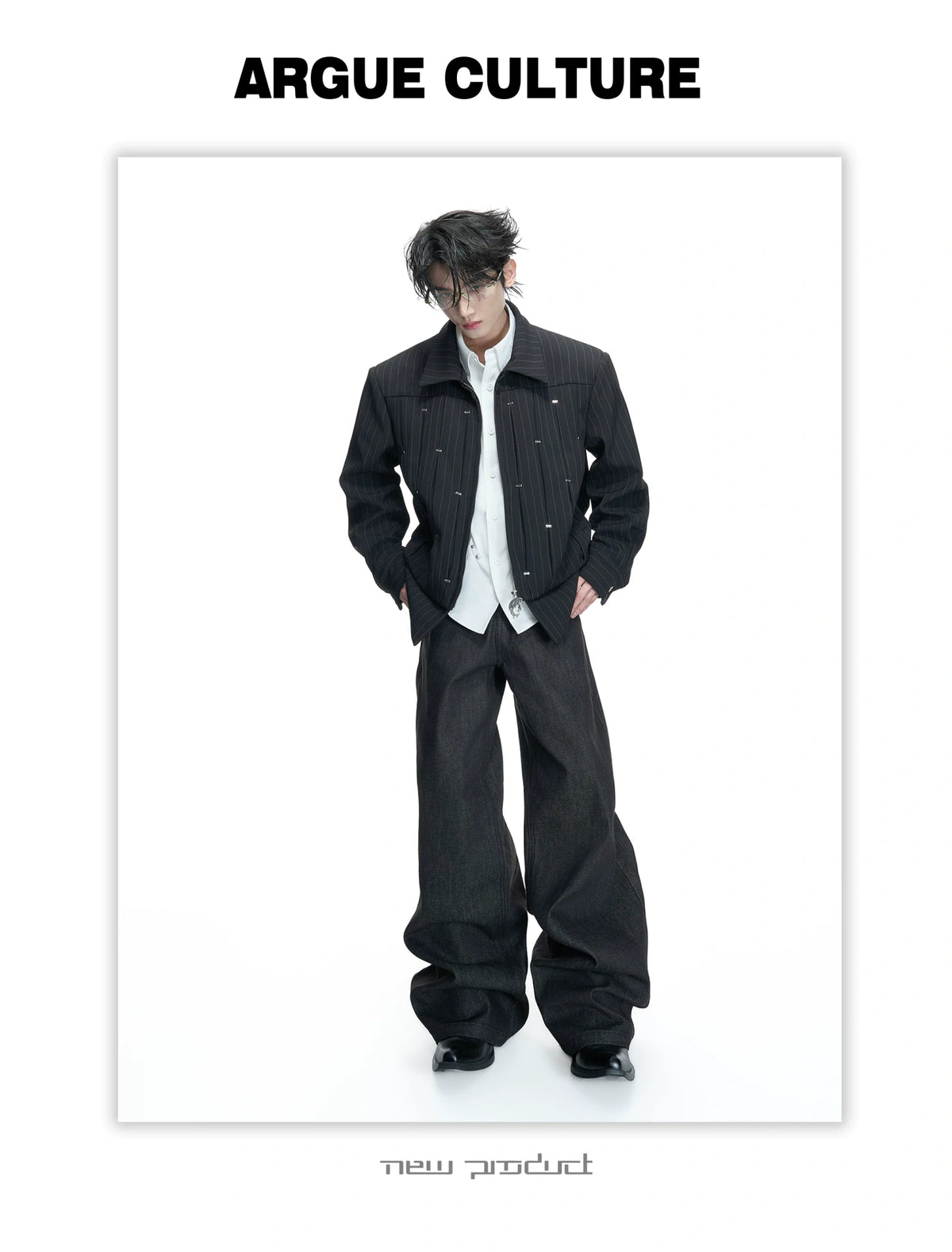 Pleated Faux Two-Piece Striped Jacket | Unisex Denim - description image 7